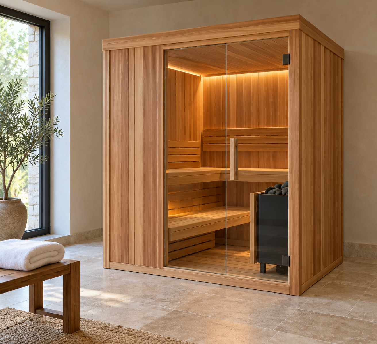 Timber sauna cabin in a calm interior